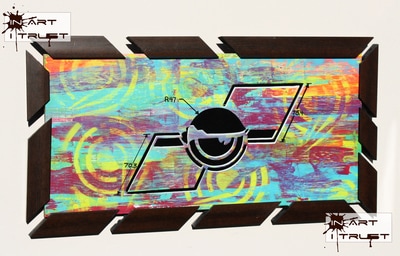 The floating eye of death 
 spray-paint, ink and acrylic on wood in custom hand made frame, by Matthew Blake Hutfloetz 